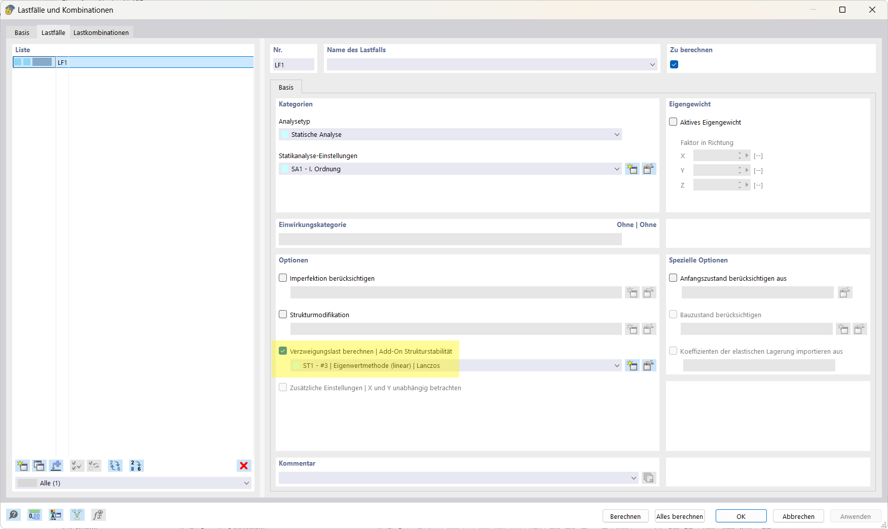 Beulfigur eines Kragarms mit aktivierter Stabilitätsanalyse im RFEM Add-On, deutlich dargestellte Auslenkungen und Parameter.