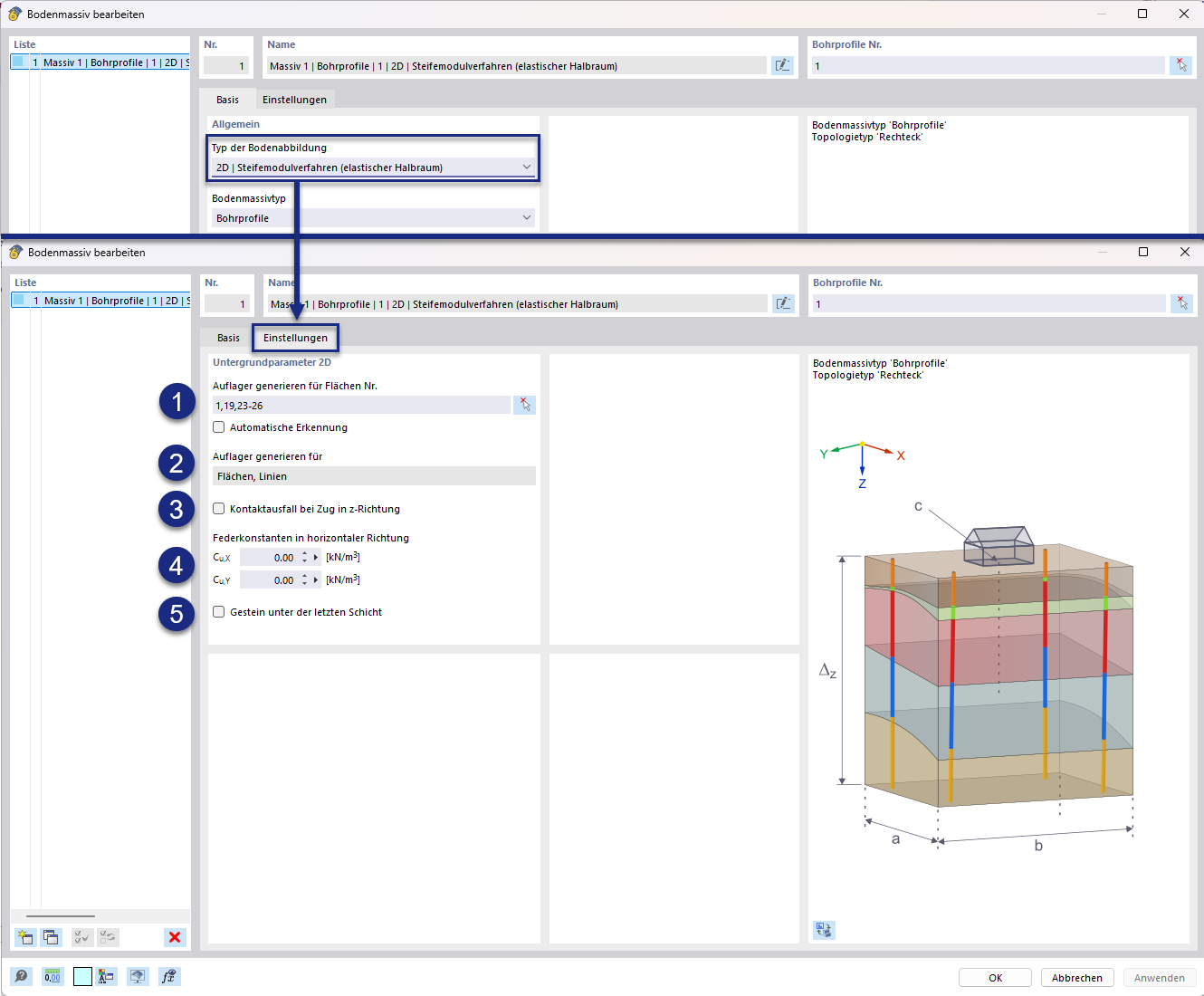 Eingabedialog zur Eingabe der Untergrundparameter | Boden, Bodenmassiv, elastischer Halbraum, Federsteifigkeit