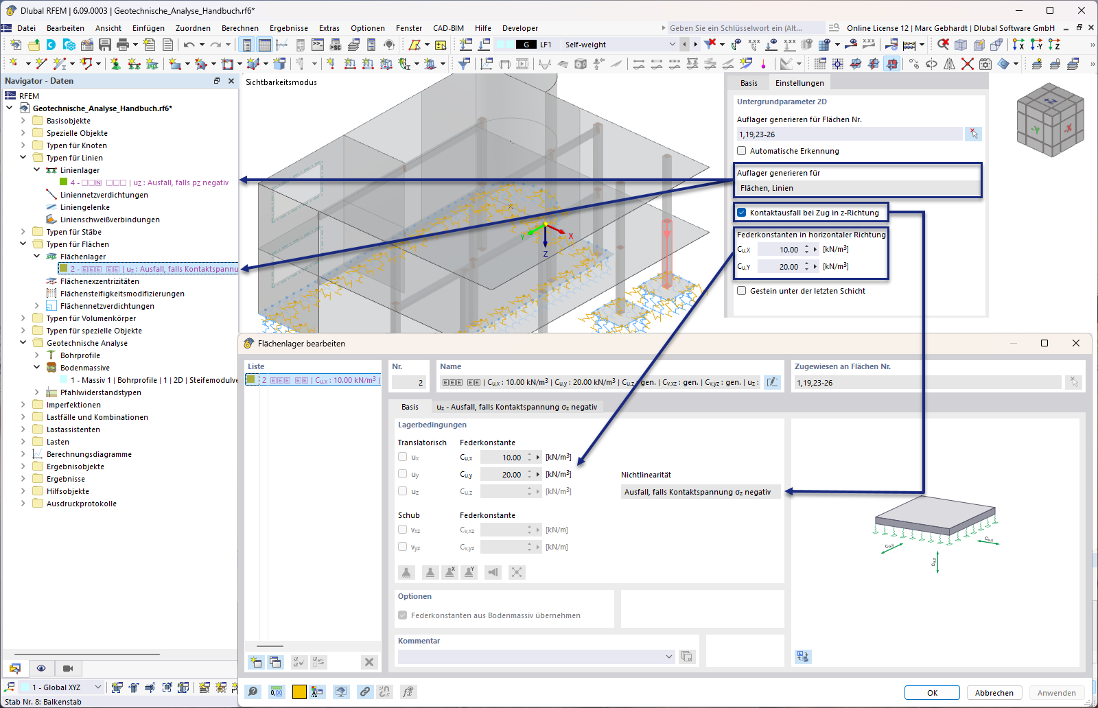 Einstellungen der 2D-Untergrundparameter mit generierten Auflagereigenschaften und Bodenmassivdaten