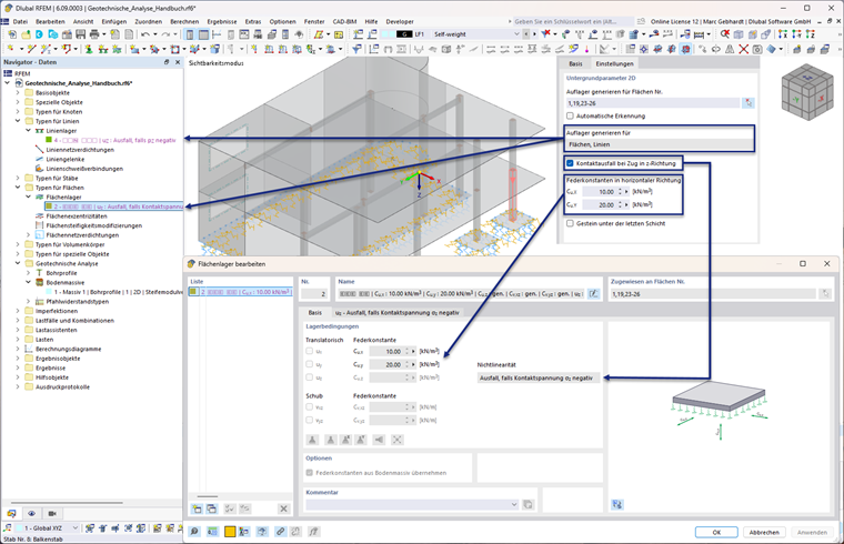 Einstellungen der 2D-Untergrundparameter mit generierten Auflagereigenschaften und Bodenmassivdaten