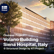 Kundenprojekt Volano-Gebäude am Krankenhaus von Siena, Italien, mit Darstellung von Bemessungsaspekten.