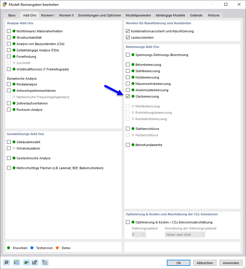 Schaltflächen zur Aktivierung des Add-Ons für die Glasbemessung