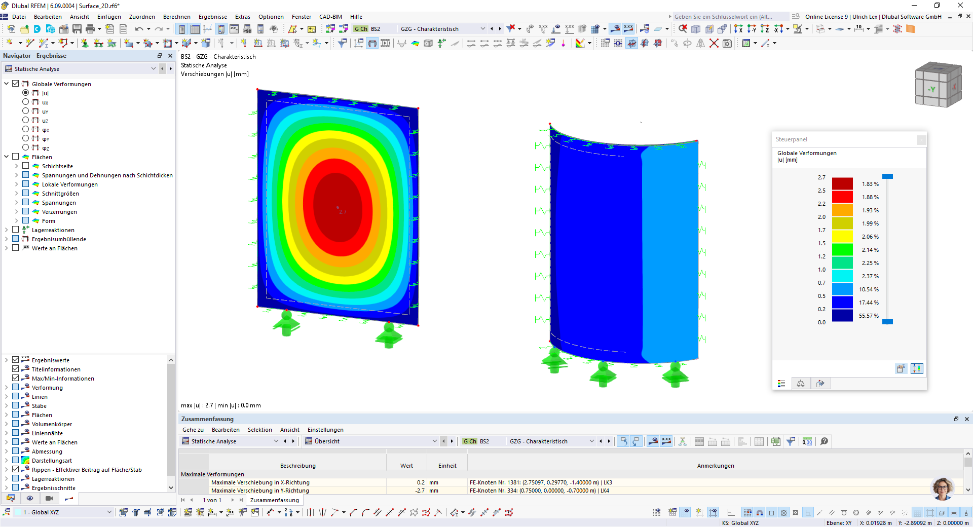 Berechnetes Modell einer gebogenen Glasscheibe mit detaillierter Scheibenbemessung