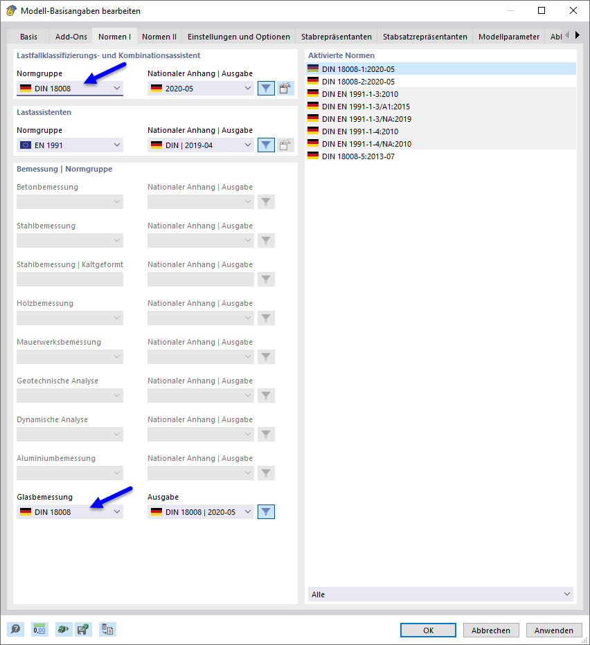 Konfigurationseinstellungen gemäß Norm DIN 18008 | Spezifische Parameter im Glasbau