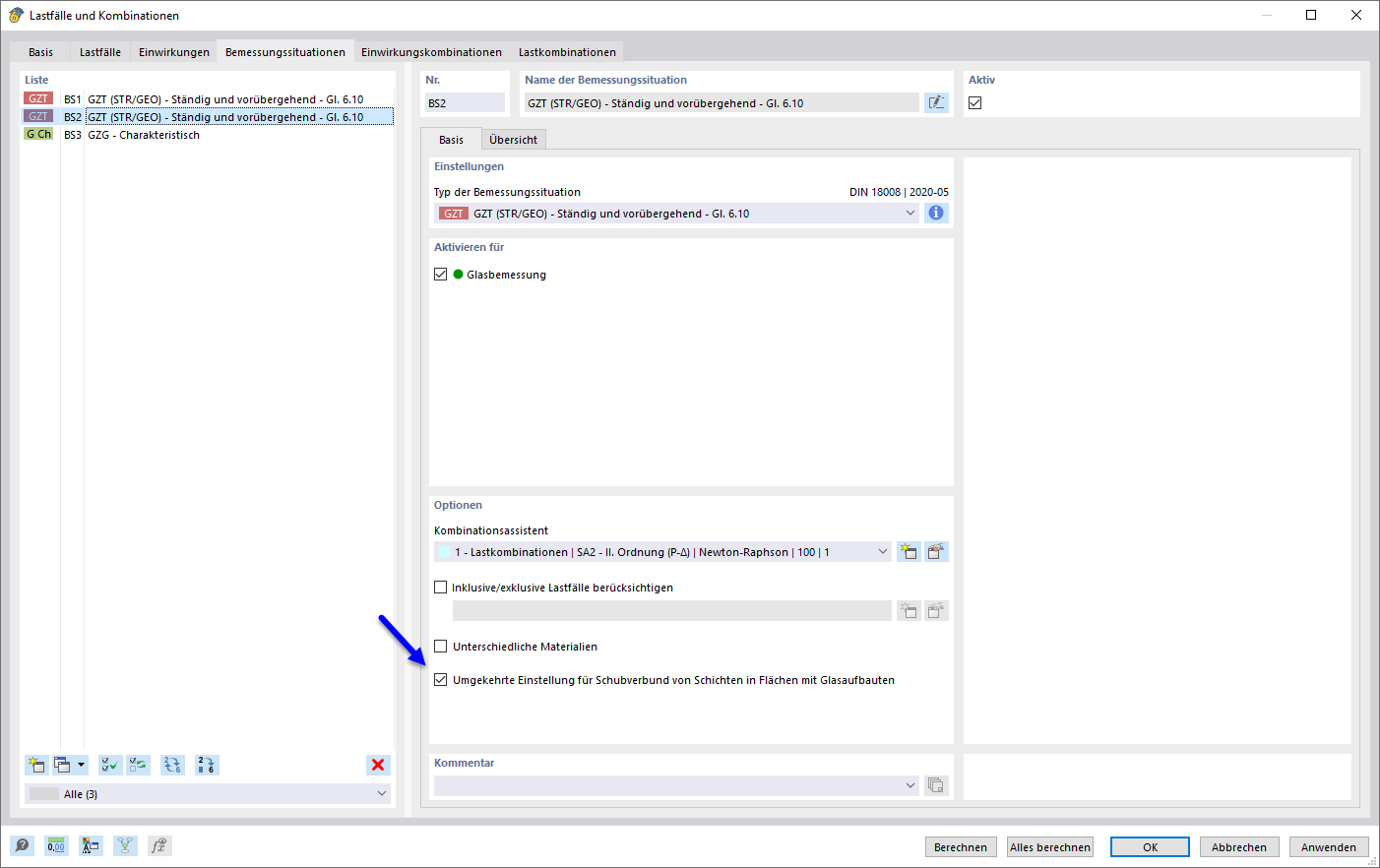 Einstellung der Bemessungssituation für Verbundglas | Übersicht der numerischen Einstellungsfelder