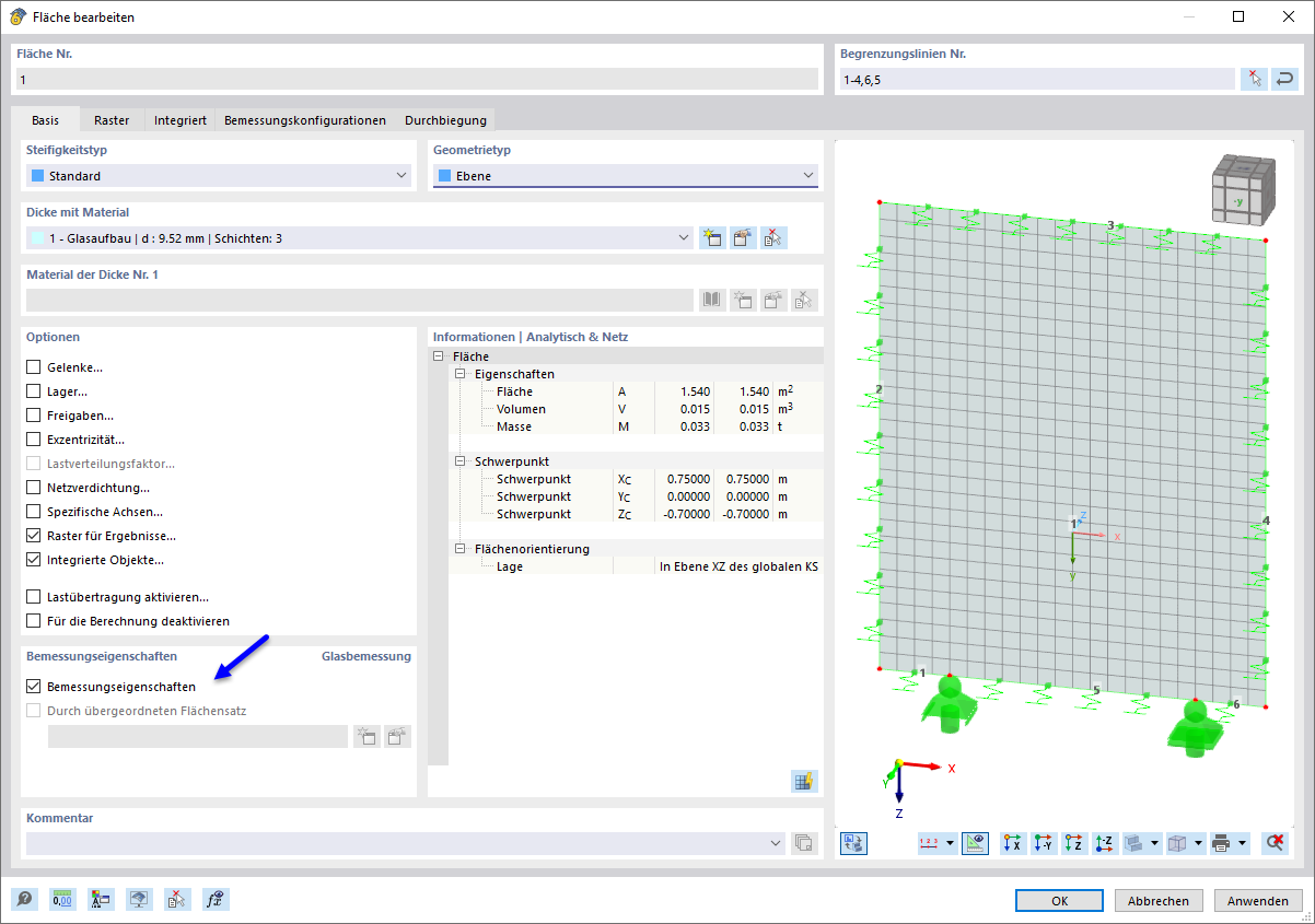 Technische Übersicht der Bemessungseigenschaften für Fläche und Glas in einem Vergleich