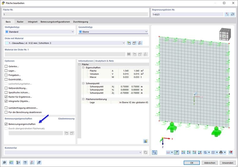 Technische Übersicht der Bemessungseigenschaften für Fläche und Glas in einem Vergleich
