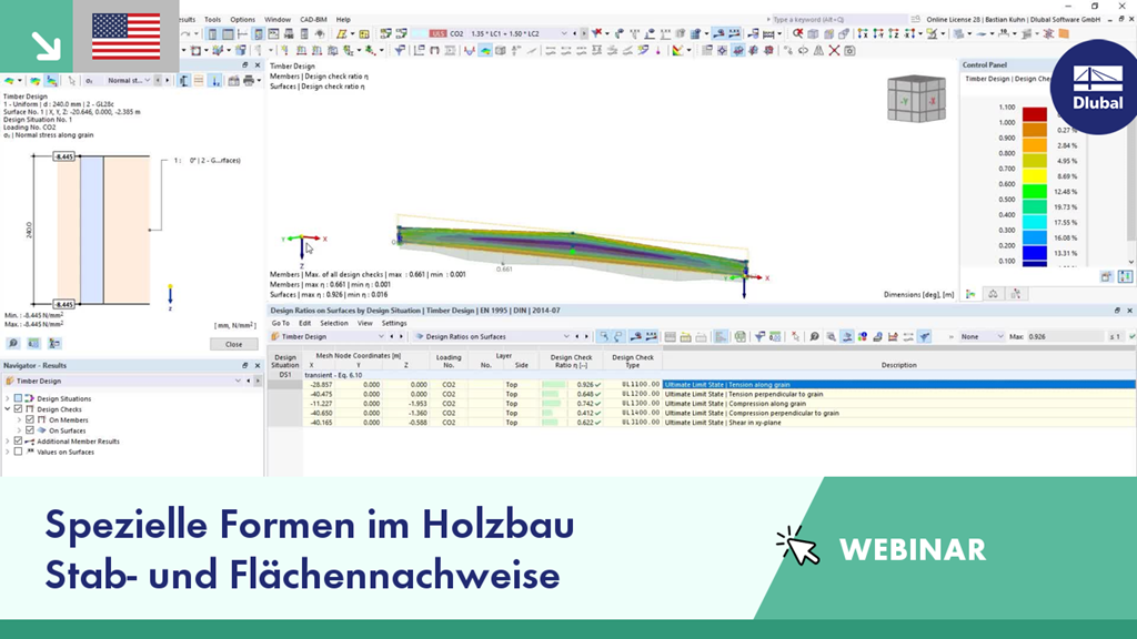 Analyse von Holzkonstruktionen mit speziellen Formen unter Verwendung der Stab- und Flächenanalyse