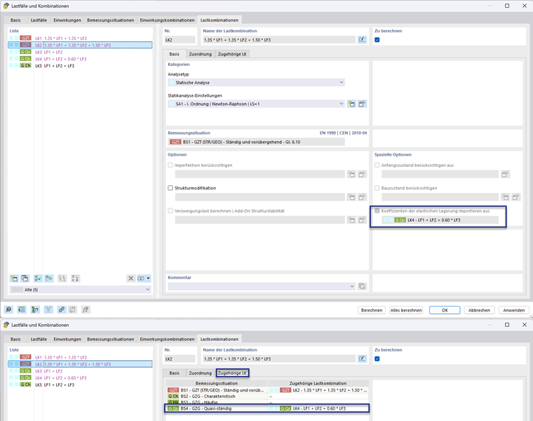 Automatischer Import von Koeffizienten elastischer Lagerung | Boden-Bauwerk-Interaktion | Bettungskoeffizienten und Lastkombination
