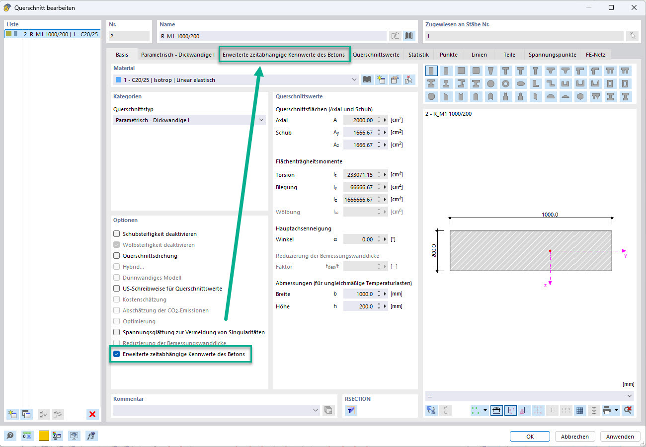 Abbildung erweiteter zeitabhängiger Materialkennwerte, die das Verhalten des Betons im Zeitverlauf darstellt.
