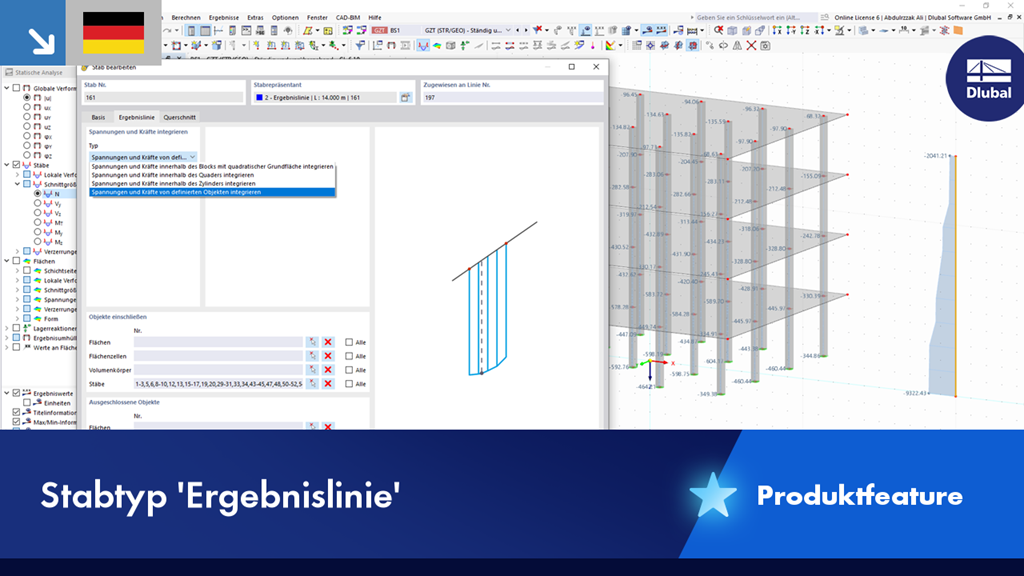 Stabtyp Ergebnislinie ermöglicht Integration von Stabschnittkräften | Produktfeature