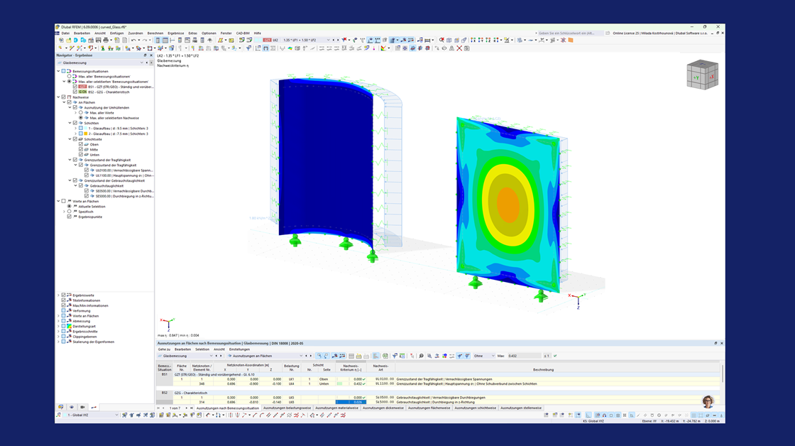 Ebene und gekrümmte Glasflächen mit Darstellung der Ergebnisse aus der Belastungsanalyse mit spezialem Addon Glasbemessung
