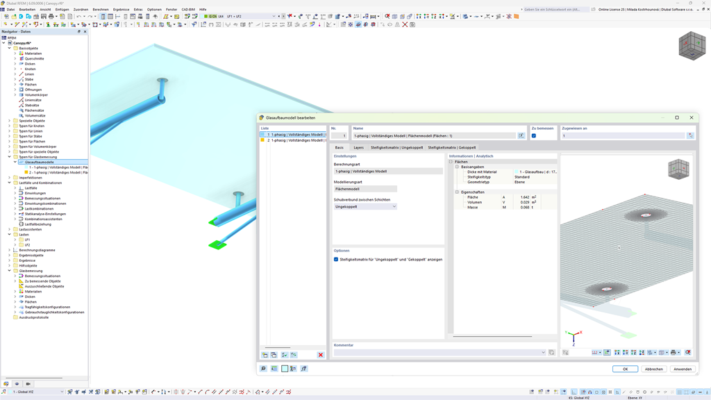 Dialogfenster zur Darstellung des Glasaufbaumodells mit Punktauflagern im RFEM 6-Add-On