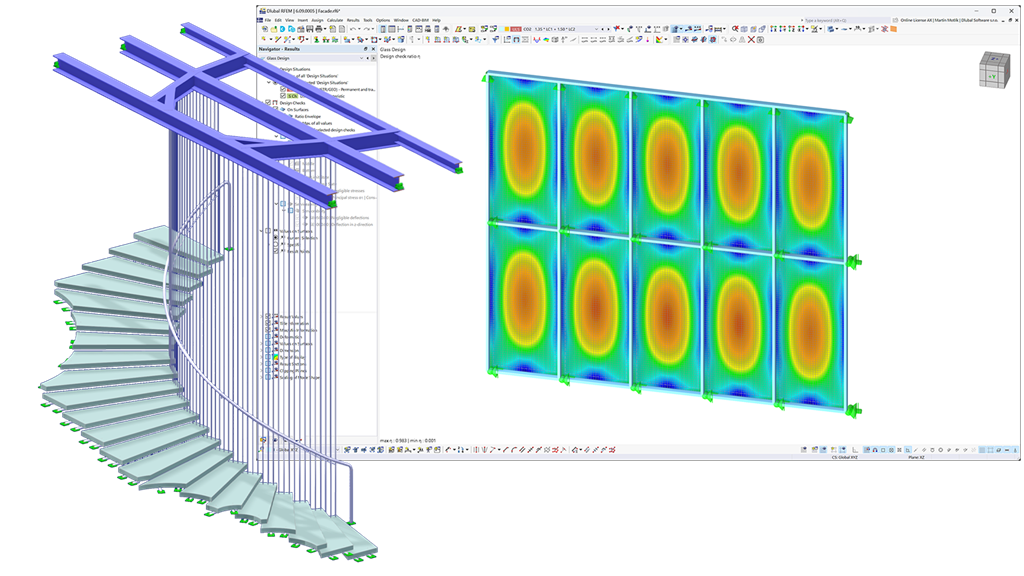 Sliderbild, das eine Glasfassade und Treppe mit RFEM 6-Oberfläche zeigt.