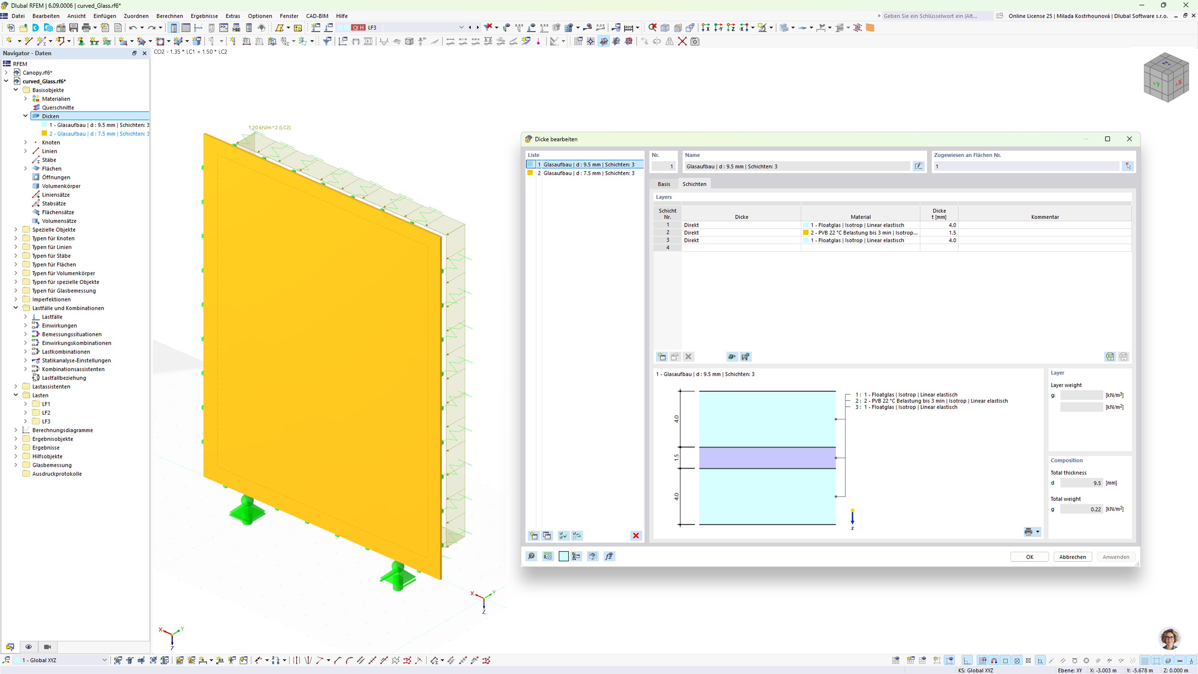 Dialogfenster von RFEM 6 mit Bedienungselementen zur Anpassung der Glasschichtstärke über das Add-On Glasbemessung