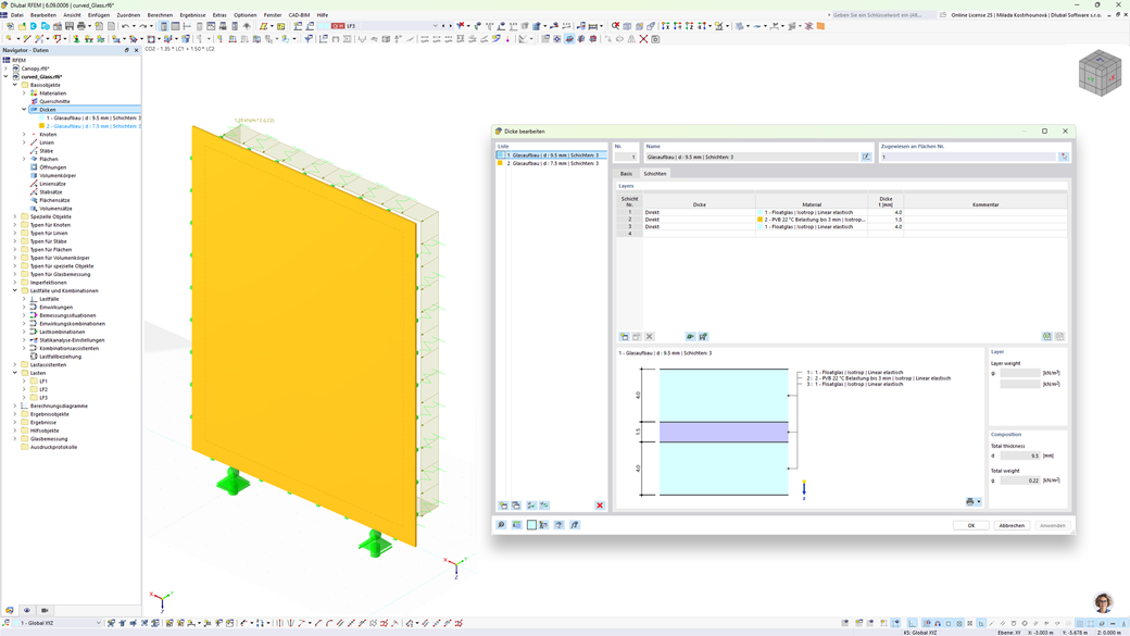 Dialogfenster von RFEM 6 mit Bedienungselementen zur Anpassung der Glasschichtstärke über das Add-On Glasbemessung