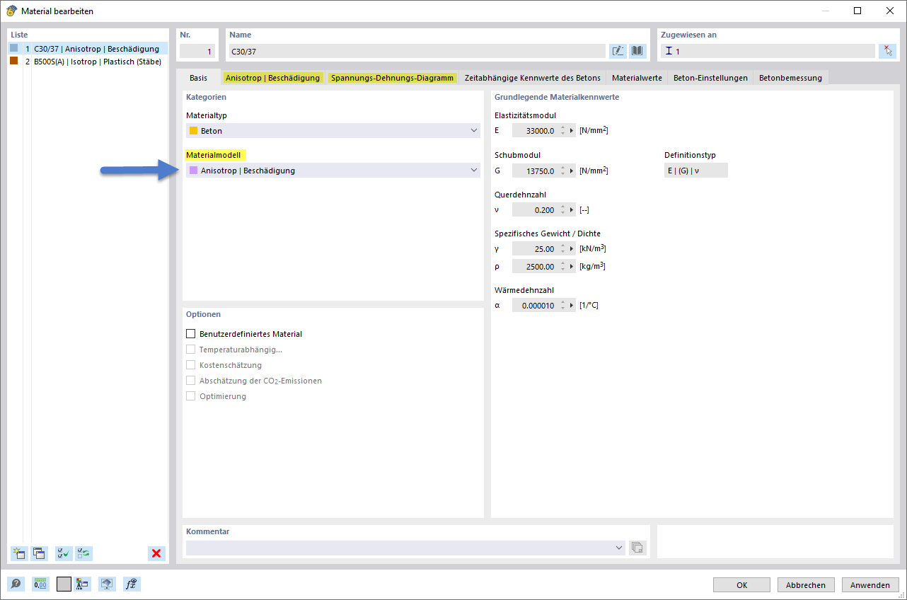Eingaberegister für Materialmodell Anisotrop | Beschädigung | Beton und Betonstahl