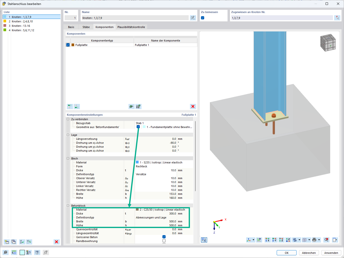 Ansicht der Übernahme von Fundamentabmessungen in der Fußplatte für Fußpunktbemessung
