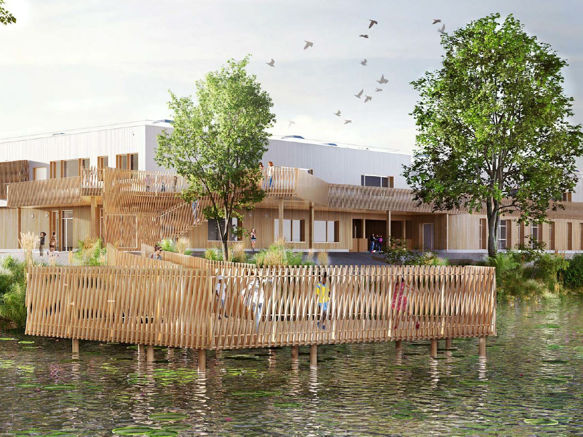 Seeansicht des Gebäudes | Schulkomplex in La Rochelle | Holz-Beton-Decke und Holz-Metall-Verbundkonstruktion