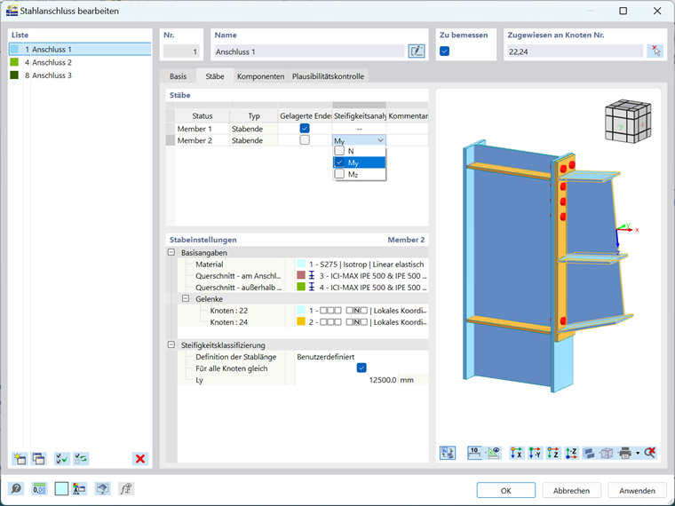 Oberfläche mit Anzeige der Einstellungen für die Steifigkeitsanalyse von Bauteilen unter Verwendung des Add-Ons 'Stahlanschlüsse'.