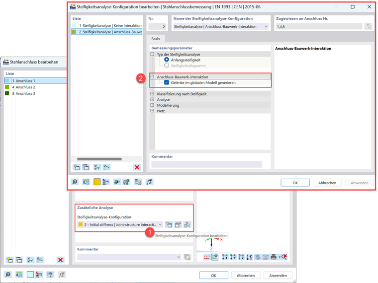 Dieses Bild zeigt das Add-on für die Analyse von Stahlanschlüssen, das die Anschluss-Bauwerk-Interaktion in RFEM 6 detailliert darstellt.