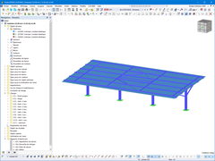 Dieses Bild zeigt ein RFEM 6-Modell einer Photovoltaik-Dachkonstruktion, bestehend aus Trägern, Stützen und Flächen.