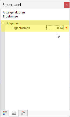 Das Steuerpanel zeigt die Überhöhung der Eigenformen mit präzisen Ergebnissen