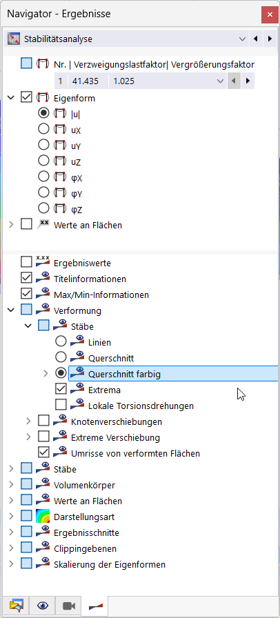 Das System zeigt im Ergebnis-Navigator eine strukturierte Übersicht der Berechnungsergebnisse an.