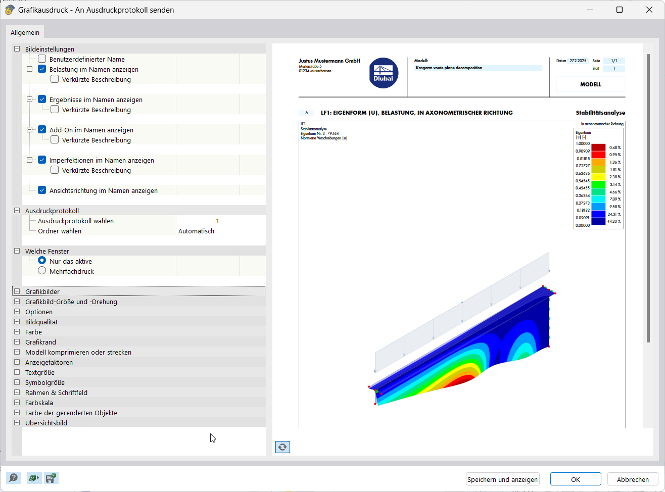 Die Anwendung dokumentiert Ergebnisse, indem sie Grafiken im Ausdruckprotokoll integriert.