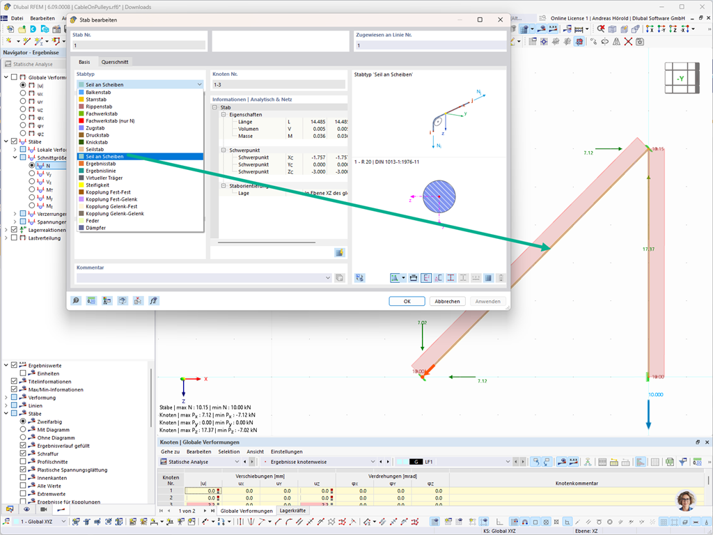 Seilsystem mit Umlenkrollen, das nur Zugkräfte aufnimmt, geeignet für biegeschlaffe Zugelemente wie Flaschenzüge.
