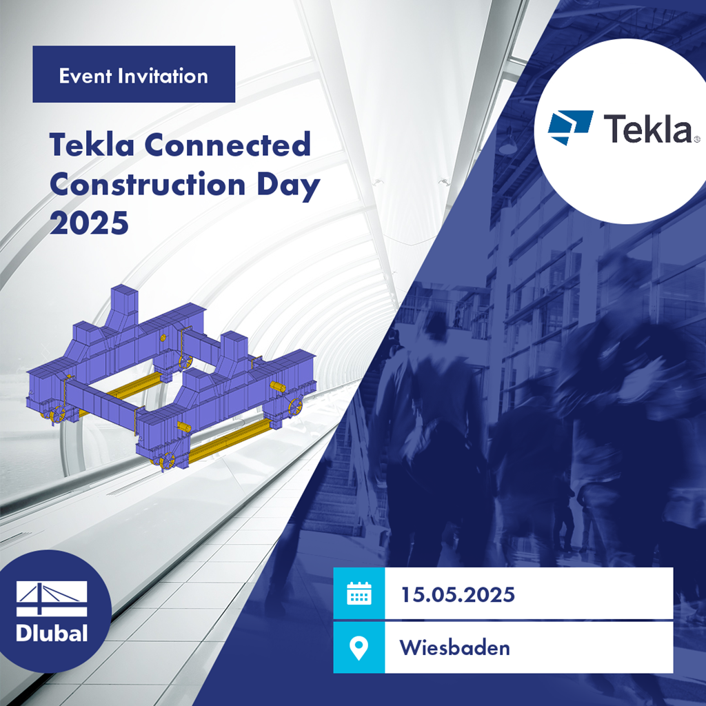 Das Bild zeigt ein grafisches Layout für den Tekla Connected Construction Day 2025.