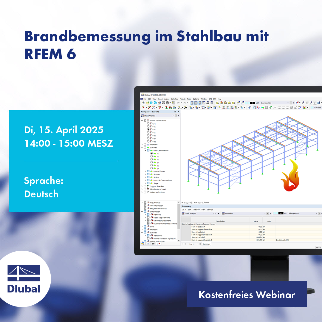 Die Abbildung zeigt eine Ankündigung einer Veranstaltung zur Brandbemessung im Stahlbau mit RFEM 6 am Dienstag, 15. April 2025 von 14:00 bis 15:00 MESZ.