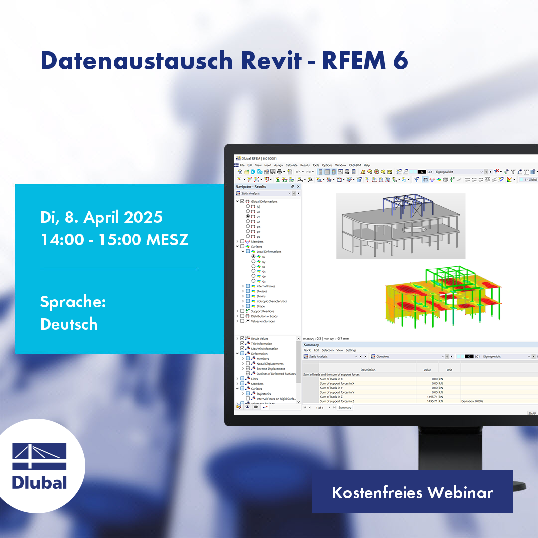 Das Bild informiert über den Austausch zwischen Revit und RFEM 6 am 8. April 2025 von 14:00 bis 15:00 MESZ.