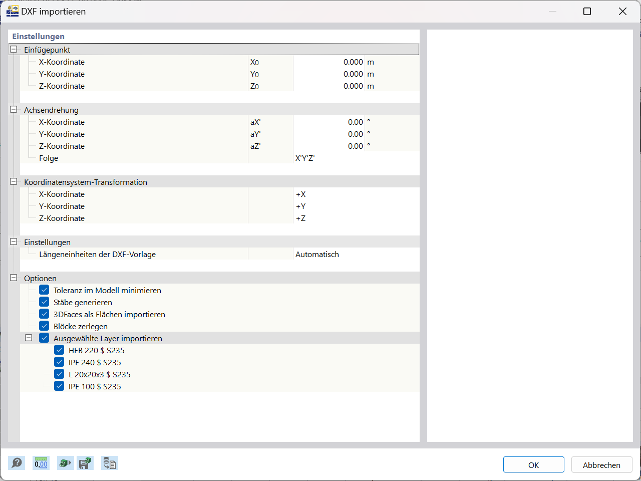 Das Bild zeigt die Einstellungen für den Import von AutoCAD-DXF in RFEM 6.