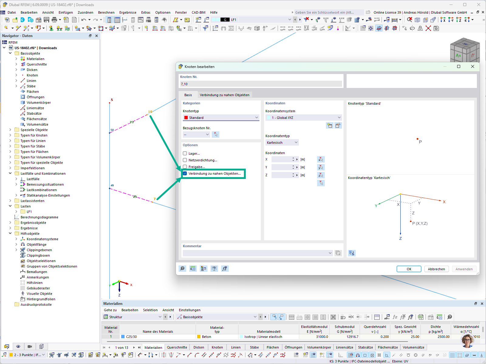 Das Tool erzeugt automatisch Starrstäbe zwischen benachbarten Objekten bei aktiver Knotenoption.