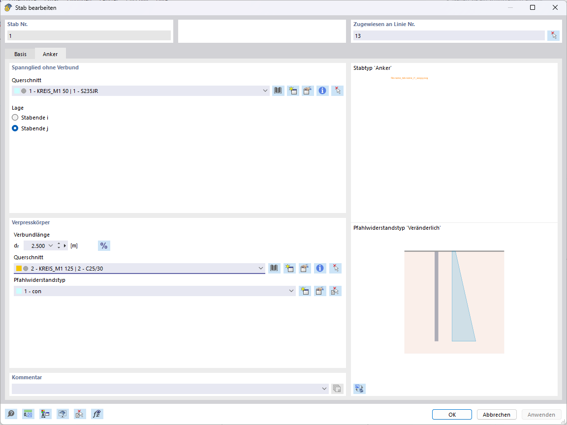 Das Bild zeigt den Stabtyp Anker, der im Bodenvolumenkörper gelagert ist und die Eingabe der Parameter für Zugstabteil sowie Verpresskörper ermöglicht.
