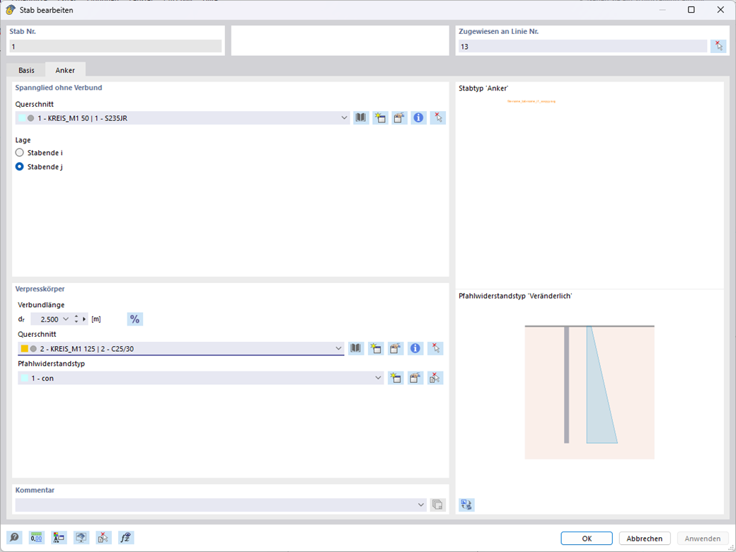Das Bild zeigt den Stabtyp Anker, der im Bodenvolumenkörper gelagert ist und die Eingabe der Parameter für Zugstabteil sowie Verpresskörper ermöglicht.