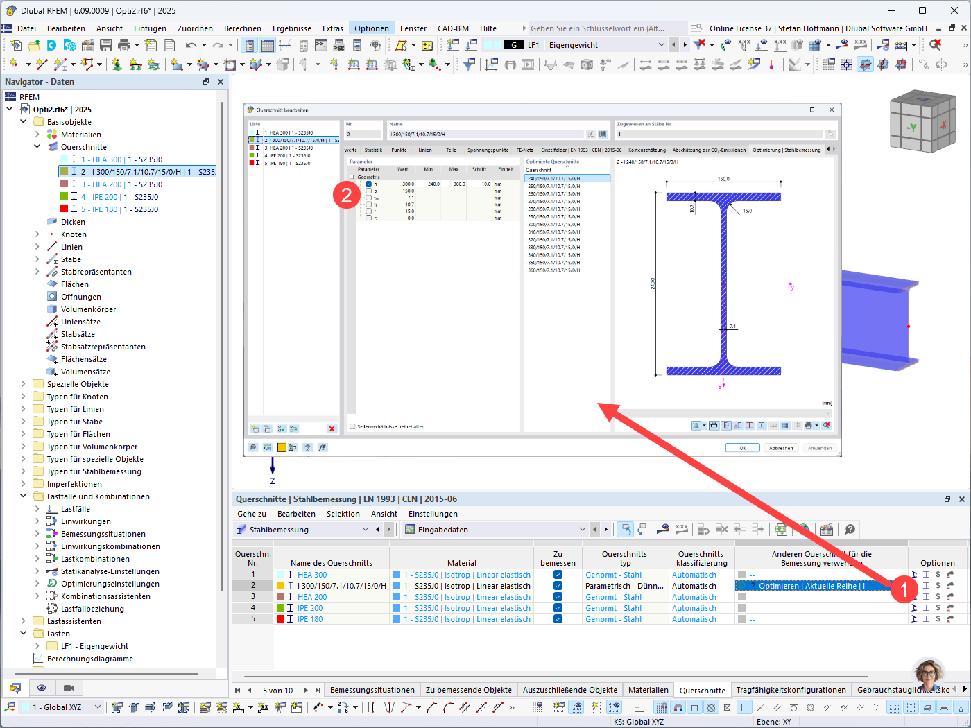 Screenshot, der die Optimierung von parametrischen Querschnitten in Bauprogrammen zeigt. Fokus auf Parameterwahl und Anpassungseinstellungen.