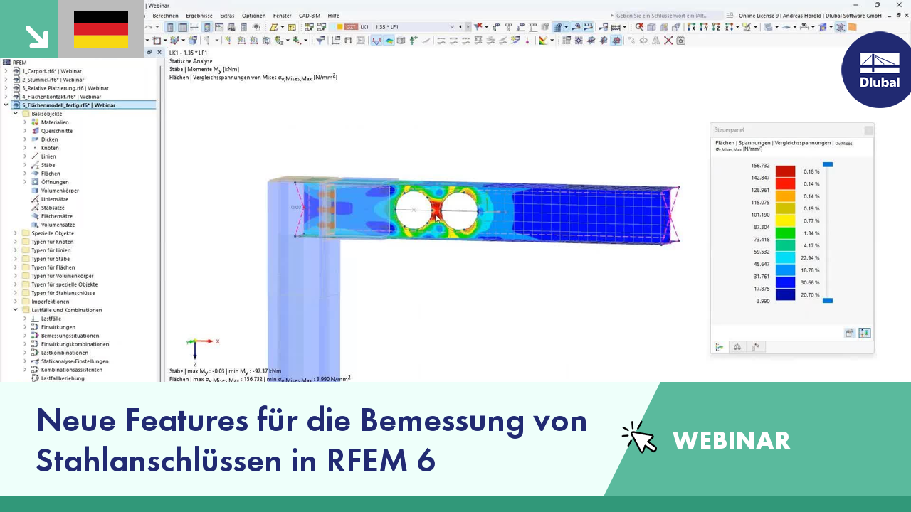 Das Bild zeigt einen Hinweis zu einem Webinar über neue Features für die Bemessung von Stahlanschlüssen in RFEM 6.