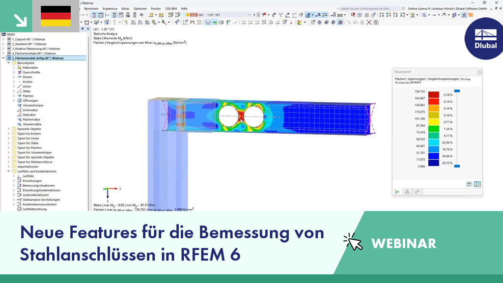 Das Bild zeigt einen Hinweis zu einem Webinar über neue Features für die Bemessung von Stahlanschlüssen in RFEM 6.