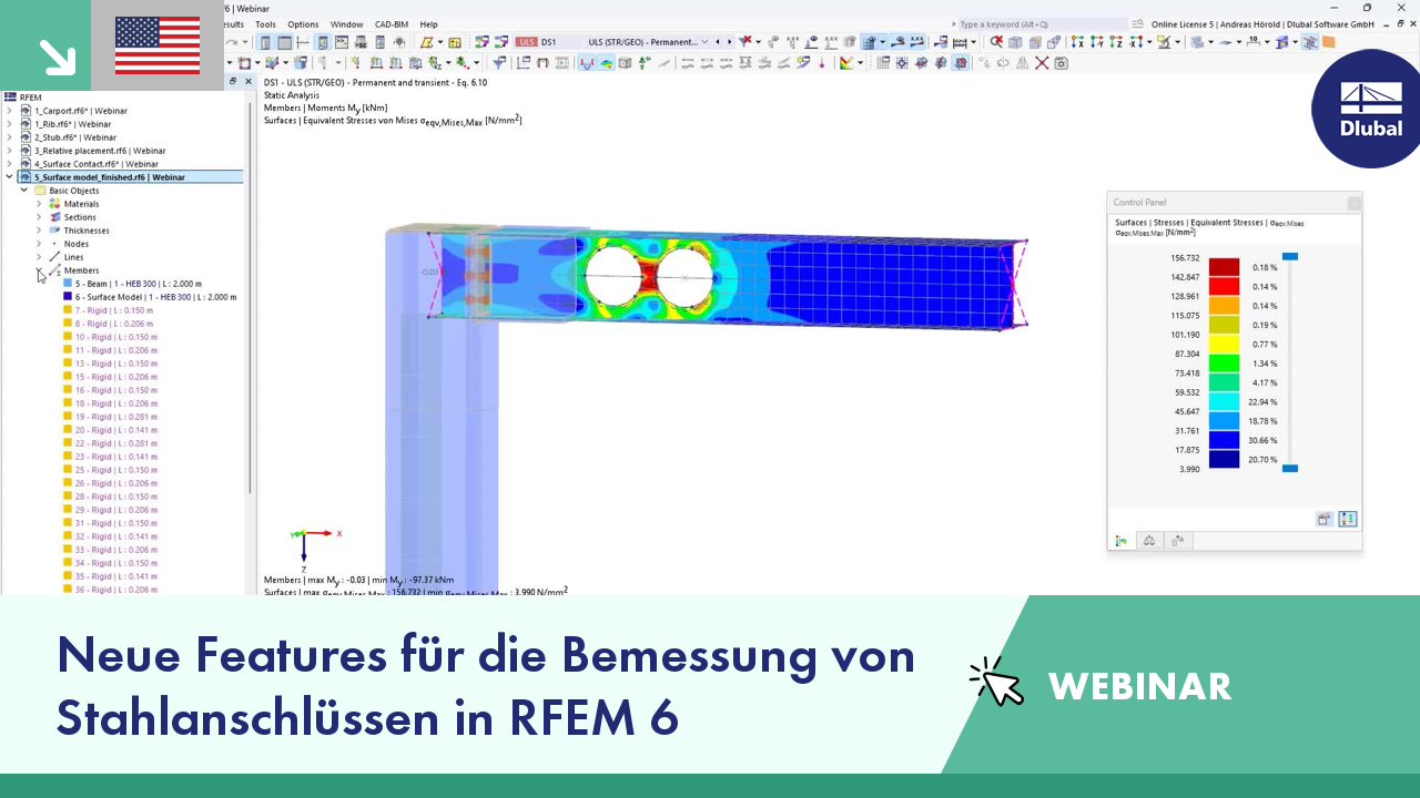 Präsentation der neuen Funktionen zur Bemessung von Stahlanschlüssen im RFEM 6-Webinar.