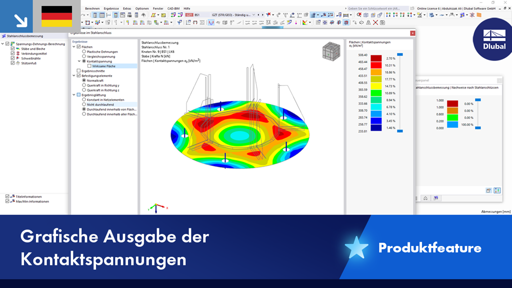 Darstellung von Kontaktspannungen in einer Struktur, detailliert grafisch angezeigt in farblichen Abstufungen.