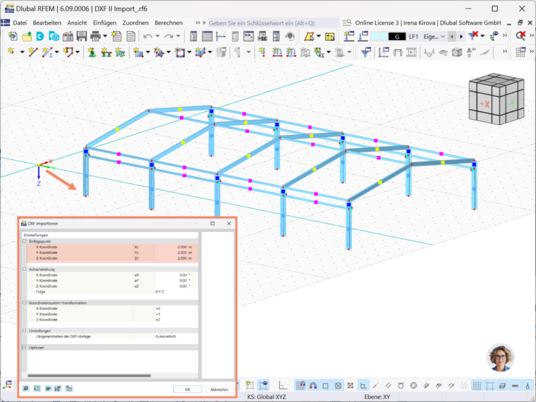 Darstellung der Achsendrehung als Option für den Import aus einer AutoCAD/DXF-Datei in die RFEM 6-Softwareumgebung.