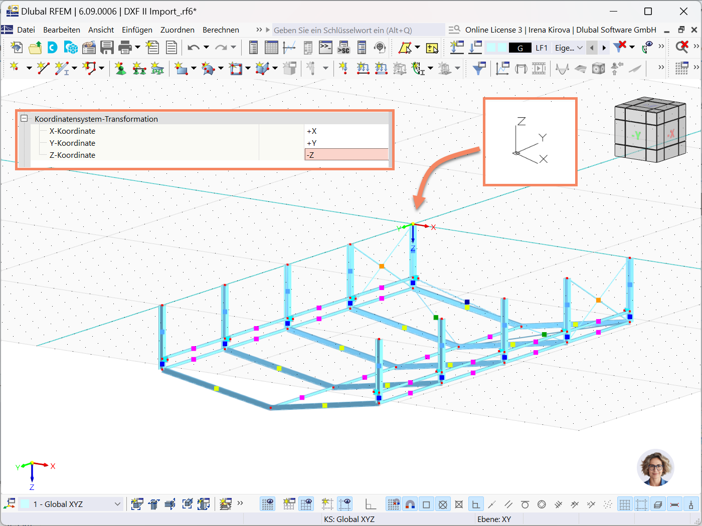 Option zur Transformation von Koordinatensystemen in RFEM 6, an der die Flexibilität beim Import von AutoCAD/DXF-Dateien hervorgehoben wird.