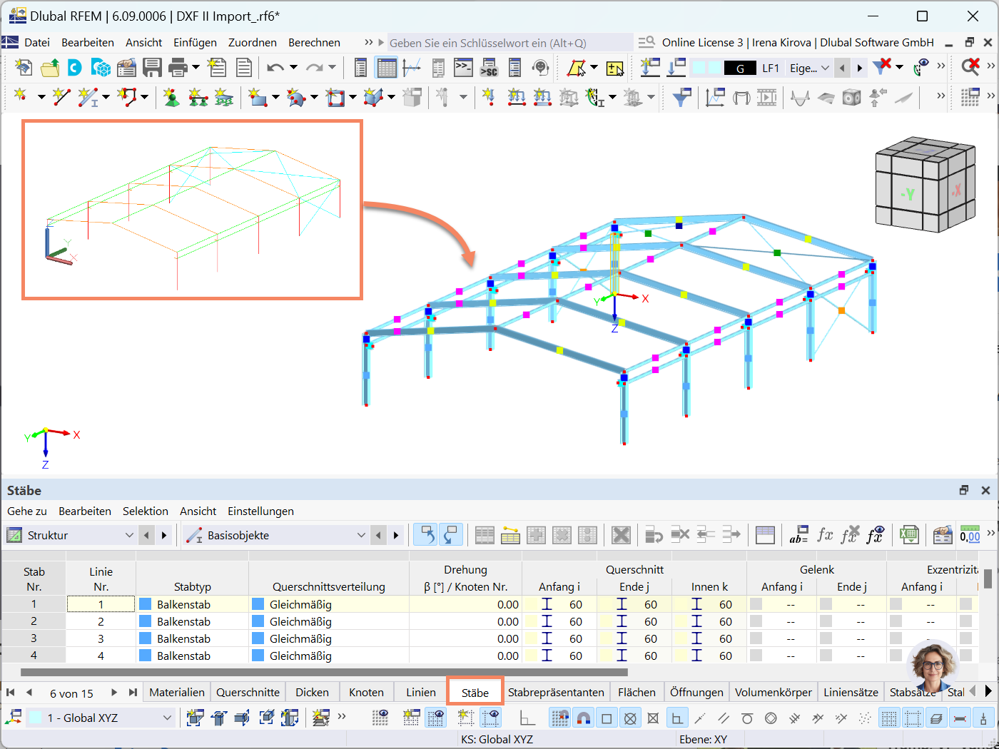 Das Bild zeigt die RFEM 6-Option „Stäbe generieren“ beim Import einer DXF-Datei und die Schnittstelleneinstellungen zur Strukturmodellierung.