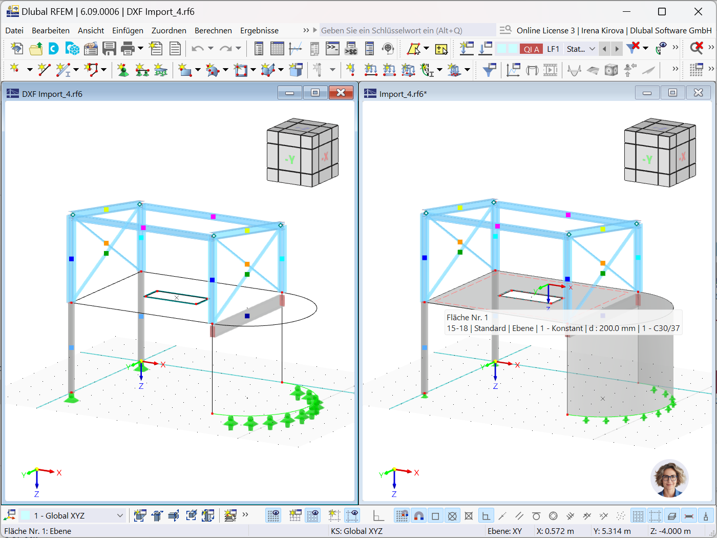 Vergleich des Imports von 3DFace-Objekten aus dem DXF-Format nach RFEM 6 mit und ohne die Flächenoption.