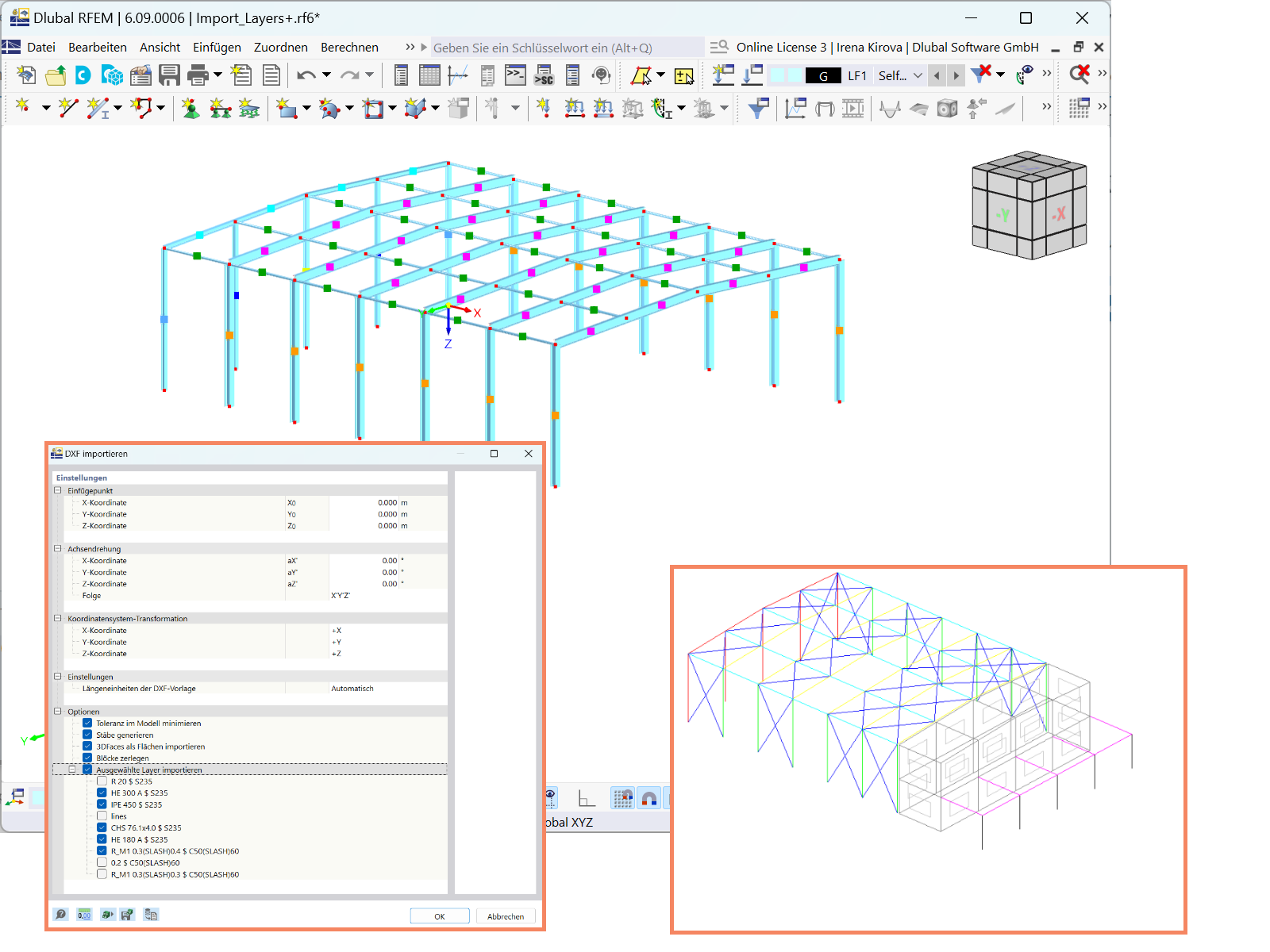 Import ausgewählter Schichten von DXF-Dateien nach RFEM 6, mit gezielter Eingabe der wichtigen Bauteile.