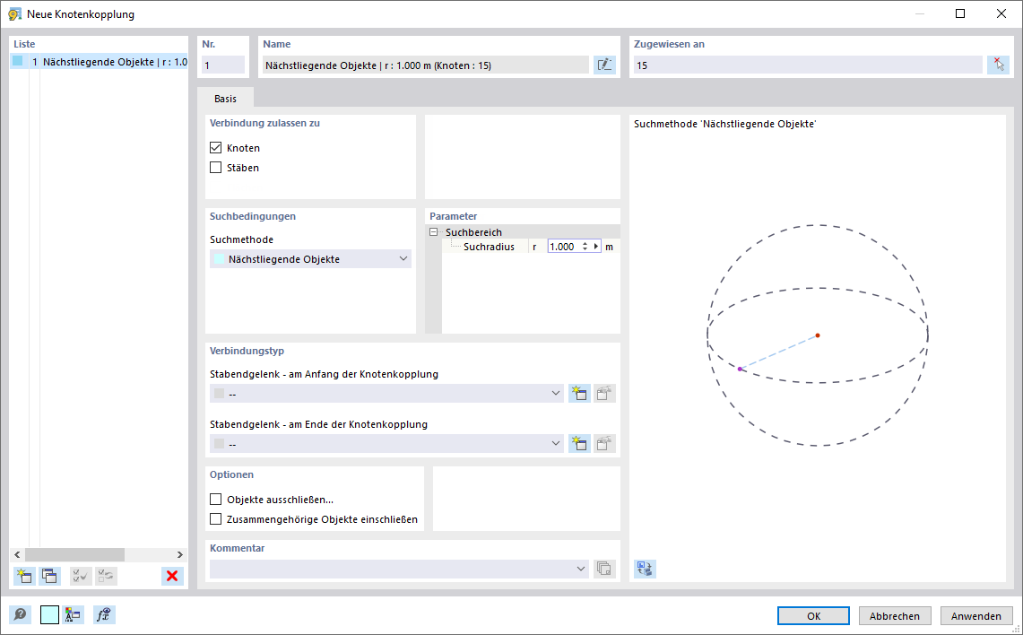 Fenster zur automatischen Verkettung und Koppelstab-Konfiguration. Optionen für Radius und Gelenkeigenschaften.
