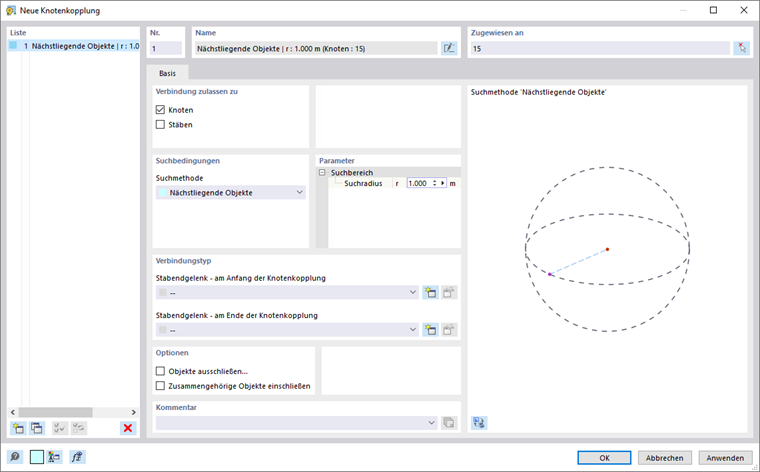 Fenster zur automatischen Verkettung und Koppelstab-Konfiguration. Optionen für Radius und Gelenkeigenschaften.