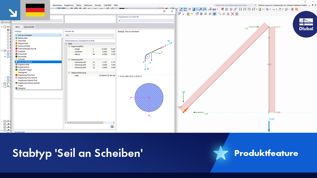 Darstellung des Stabtyps 'Seil an Scheiben', hervorgehoben in einer Strukturmodellierung für erhöhte Spannungsanalyse.